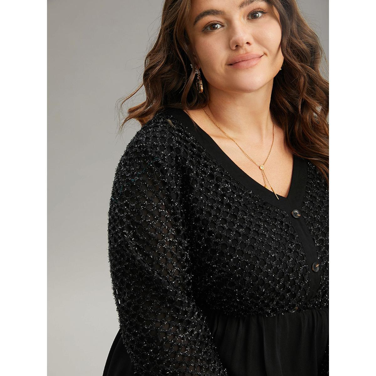 Plus Size Black Glitter Mesh Patchwork Lantern Sleeve Blouse Women Glamour Long Sleeve V-neck Festival-Christmas Blouses BloomChic 18-20/2X Product Image