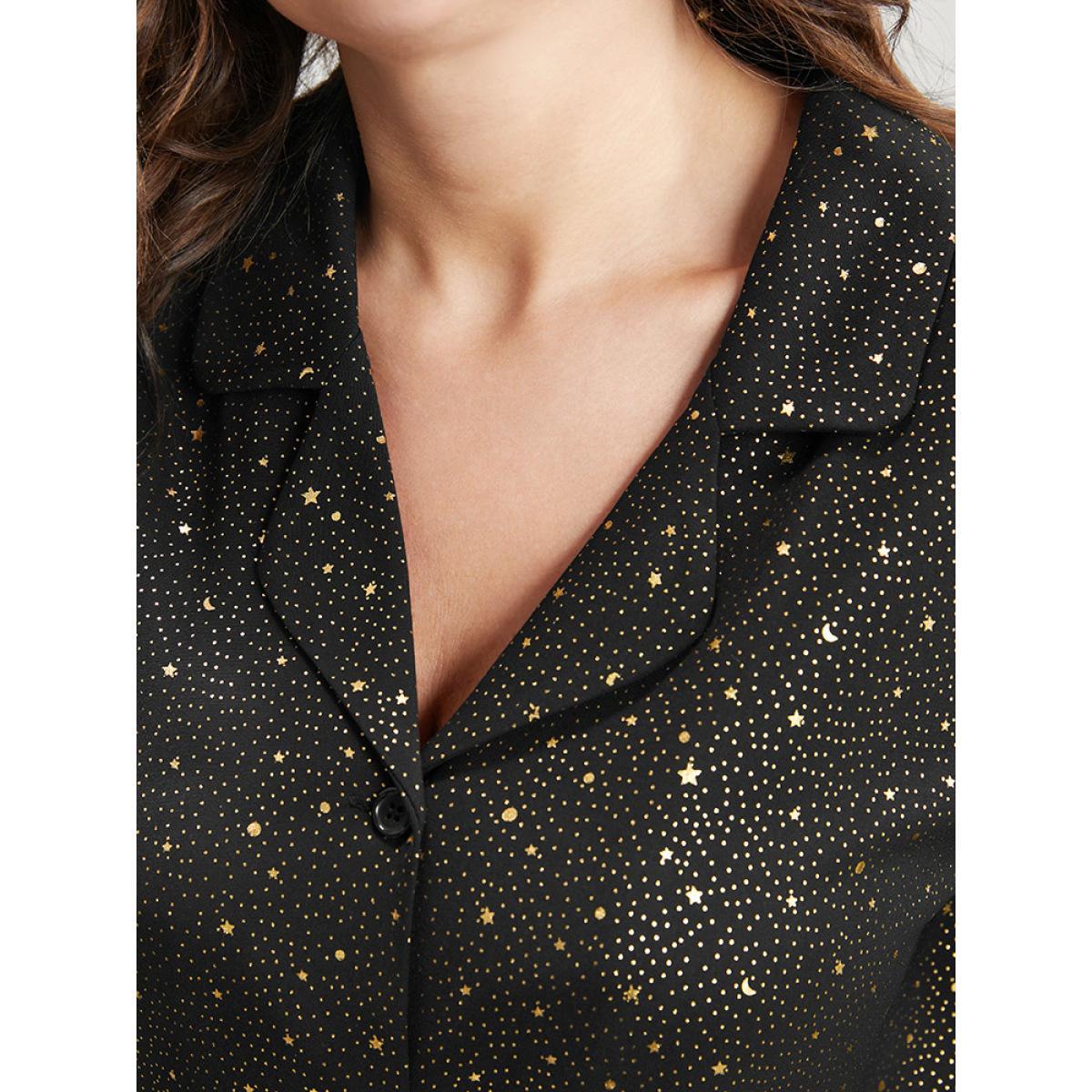 Plus Size Moon And Star Suit Collar Button Up Pajama Set Women Black Moon and Star Printed Long Sleeve Suit Collar Casual Loungewear Sets BloomChic 22-24/3X Product Image