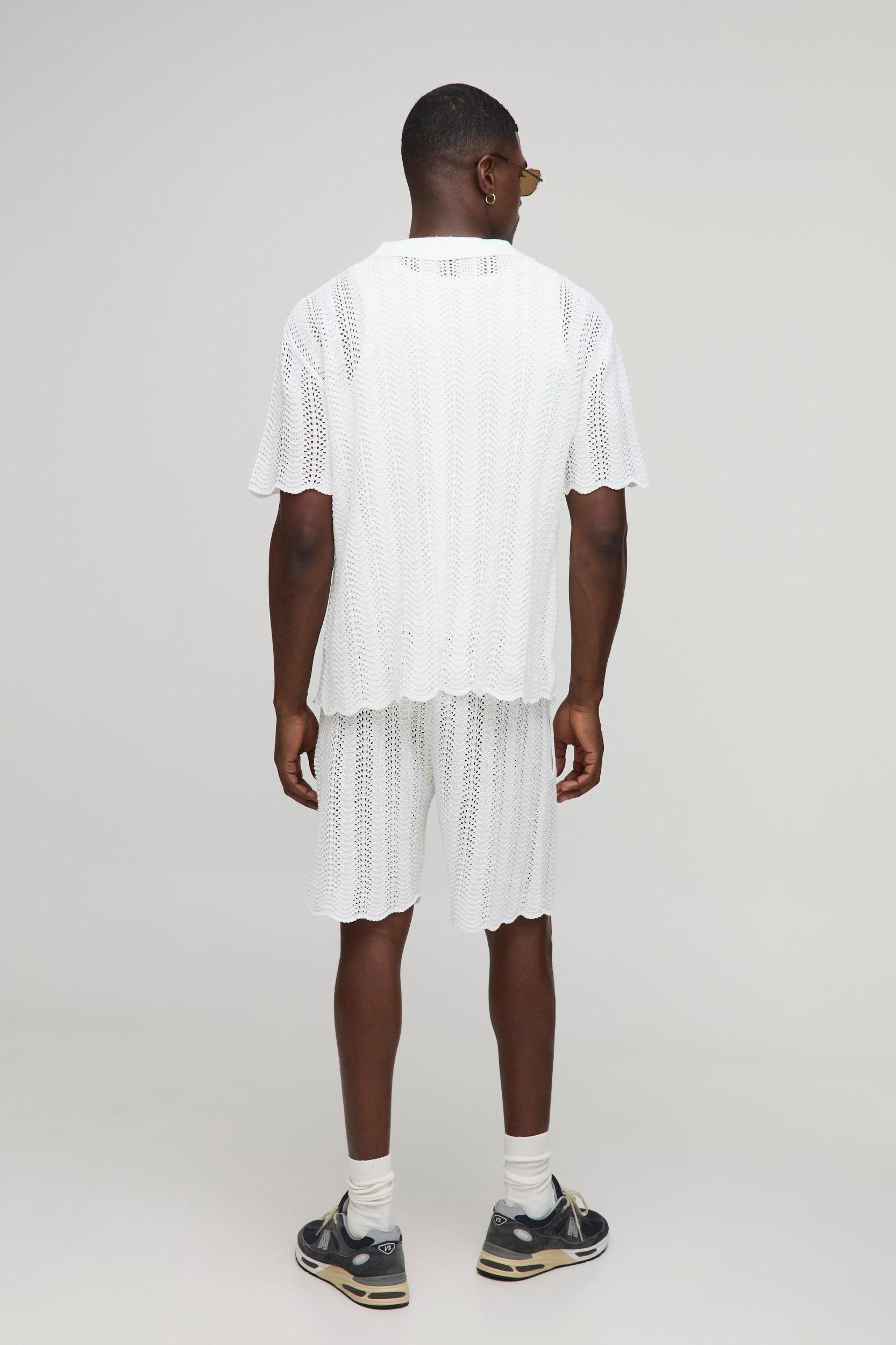 MAN Relaxed Embroidered Wavy Crochet Knitted Shirt | boohooMAN USA Product Image
