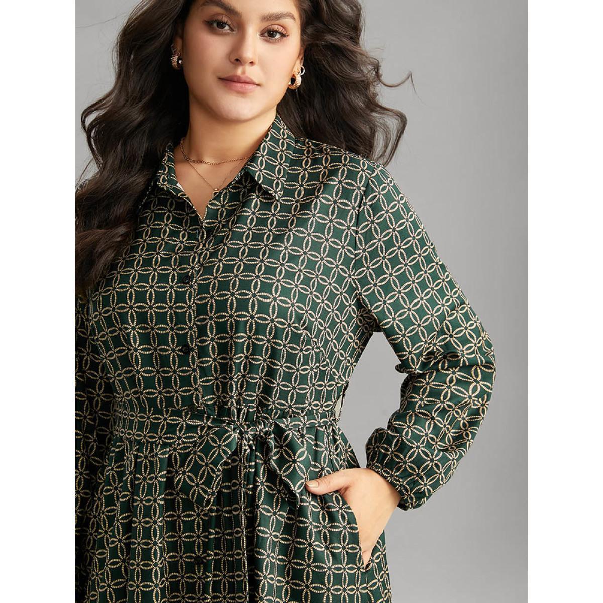 Plus Size Geometric Belted Curved Hem Lantern Sleeve Dress Cyan Women Office Elastic cuffs Shirt collar Long Sleeve Curvy Midi Dress BloomChic 28/5X Product Image