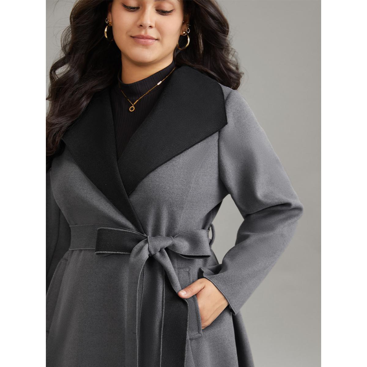 Plus Size Lapel Collar Contrast Belted Coat Women Gray Elegant Belted Ladies Everyday Winter Coats BloomChic 30/6X Product Image