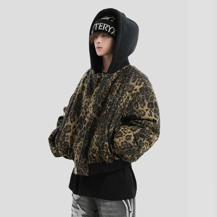 Leopard Print Zip-Up Hoodie Product Image