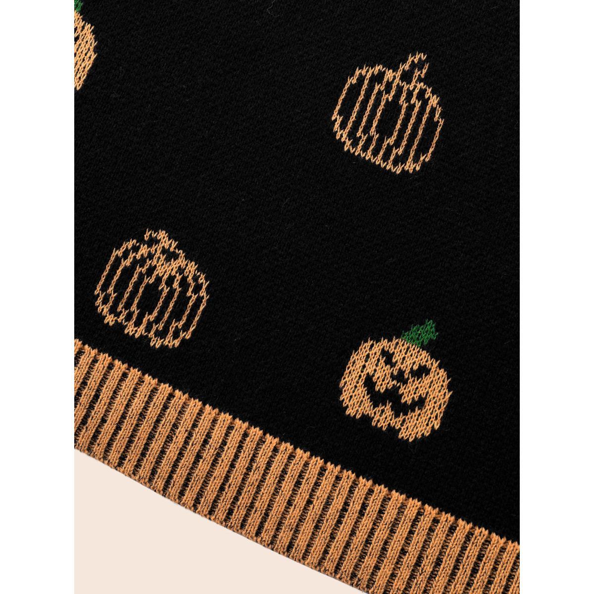 Plus Size Pumpkin Patch Contrasting Color Hemline Pullover Black Women Casual Loose Long Sleeve V-neck Everyday Pullovers BloomChic 18-20/2X Product Image