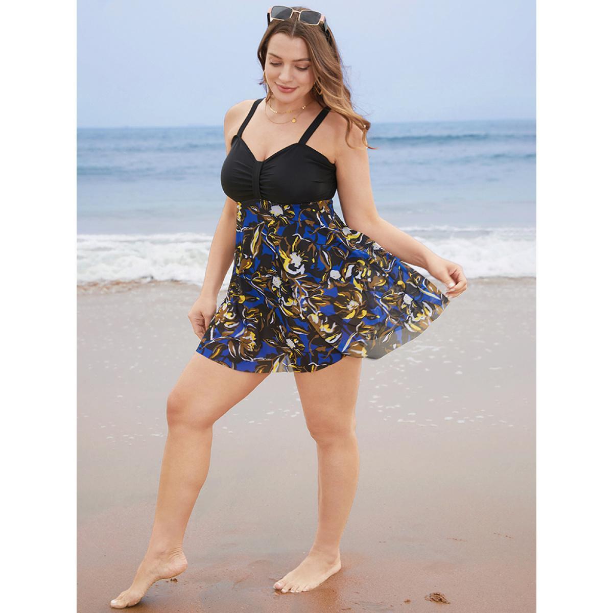 Plus Size Tropical Print Patchwork A Line Ruched Swim Dress Women's Swimwear Black Vacation Bodycon High stretch Curve Swim Dresses BloomChic 18-20/2X Product Image