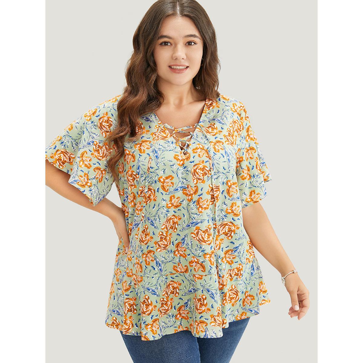 Plus Size Mint Floral Ruffle Sleeve Lace Up V Neck Blouse Women Elegant Short sleeve V-neck Dailywear Blouses BloomChic 10/M Product Image