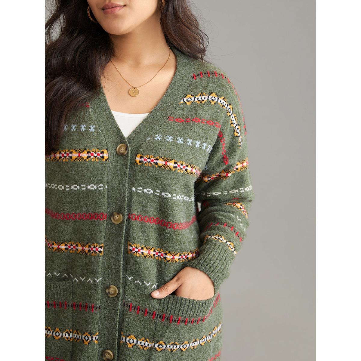 Plus Size Anti-Pilling Contrast Striped Button Up Cardigan ArmyGreen Women Casual Loose Long Sleeve Dailywear Cardigans BloomChic 30/6X Product Image