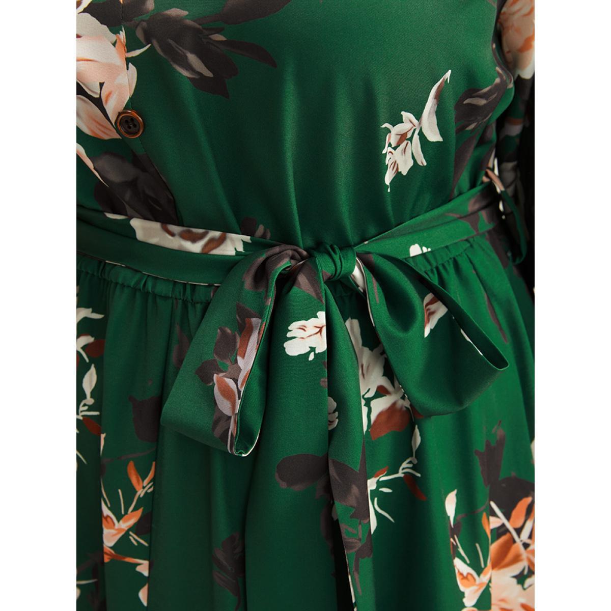 Plus Size Floral Print Lantern Sleeve Button Detail Pocket Belted Dress Moss Women Elegant Elastic Waist V-neck Long Sleeve Curvy Midi Dress BloomChic 14-16/1X Product Image