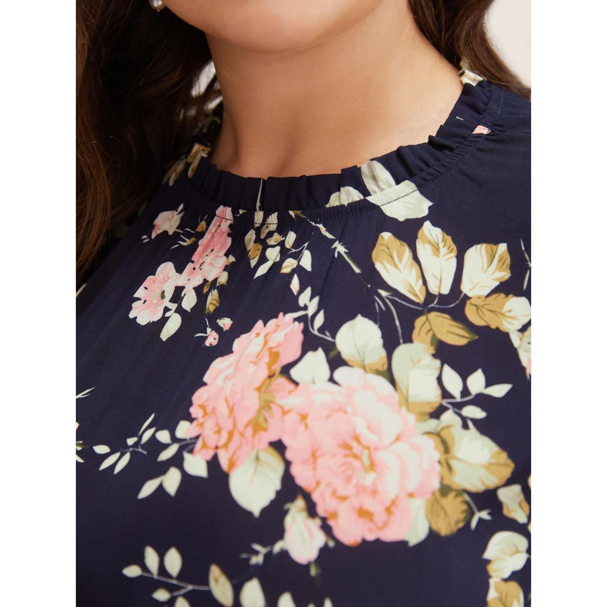 Plus Size Floral Frill Trim Mock Neck Pocket Ruffle Belted Cap Sleeve Dress DarkBlue Women Elegant Non Round Neck Short sleeve Curvy Midi Dress BloomChic 10/M Product Image