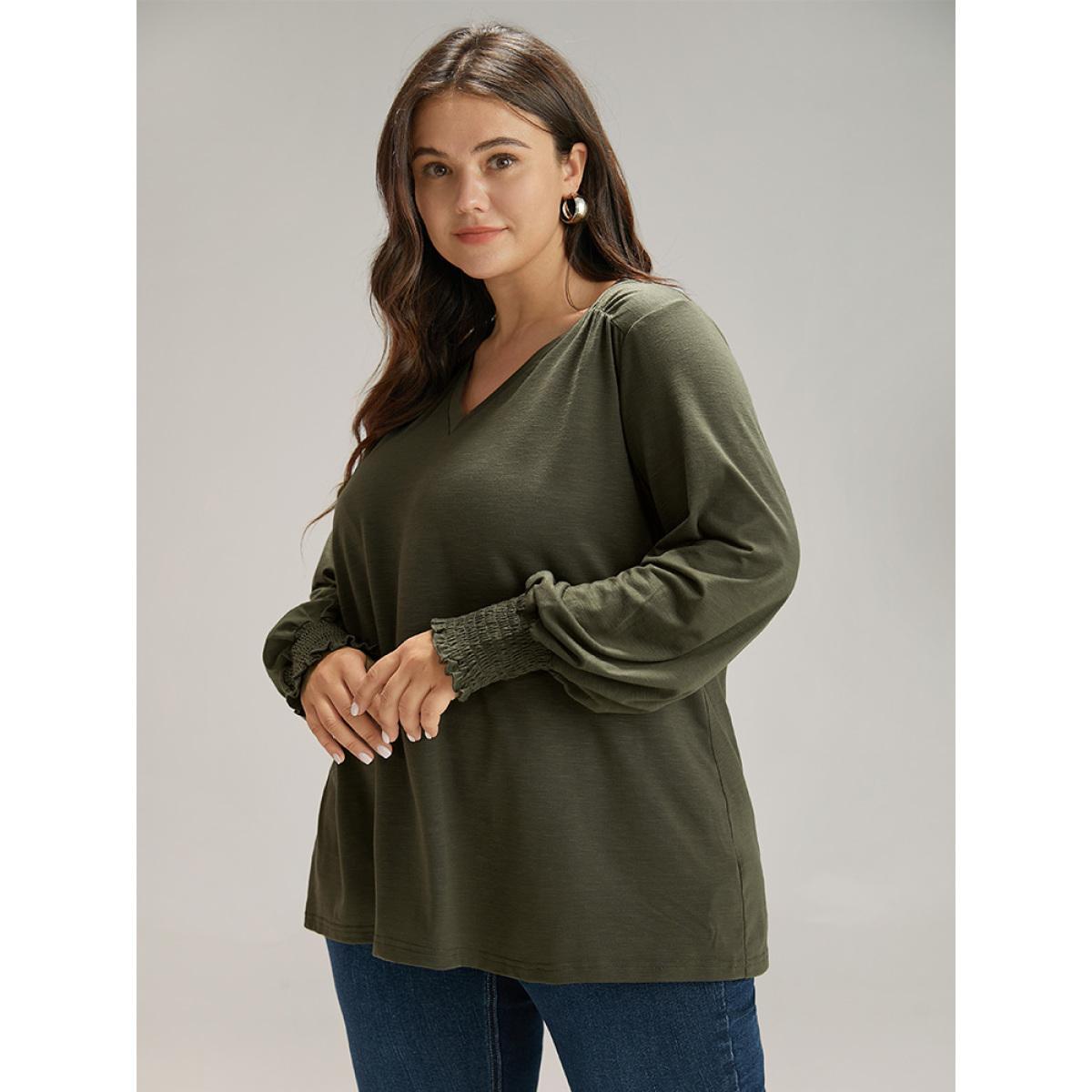 Plus Size Plain V Neck Gathered Shirred Sleeve T-shirt ArmyGreen Women Casual Elastic cuffs Plain V-neck Everyday T-shirts BloomChic 14-16/1X Product Image