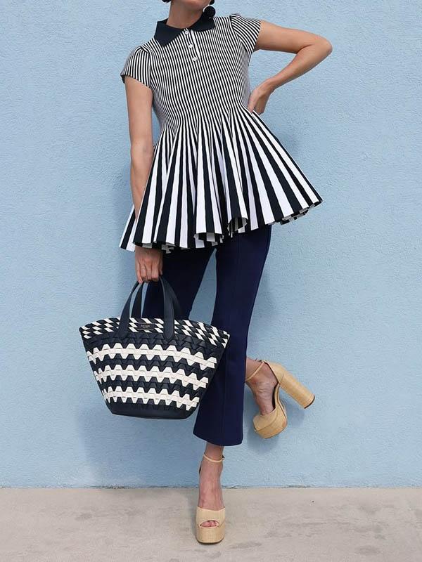 Short Sleeves Pleated Split-Joint Striped Patterns Lapel Blouses&Shirts Tops Product Image