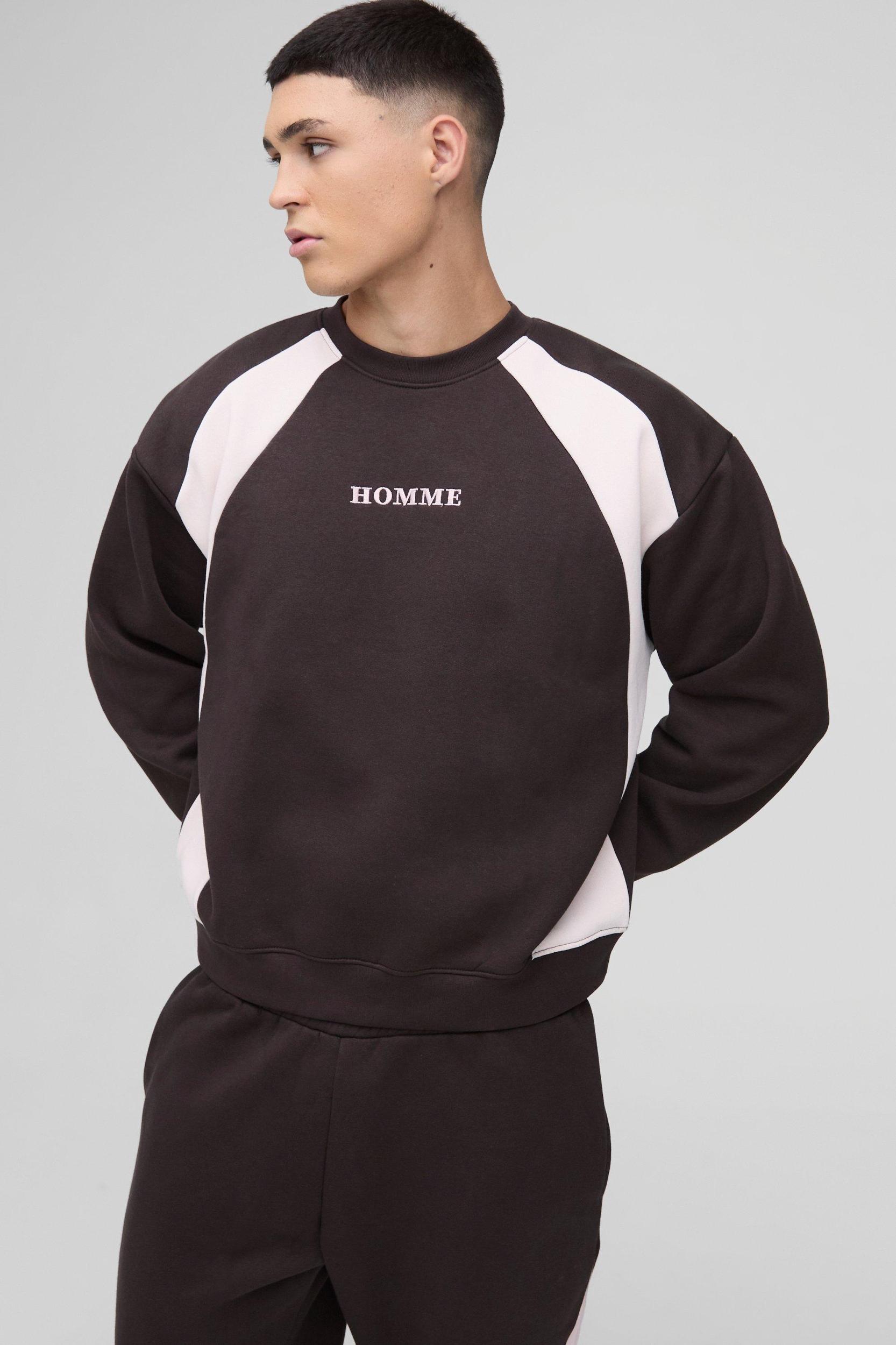 Oversized Boxy Colour Block Homme Embroidered Sweatshirt tracksuit | boohooMAN USA Product Image