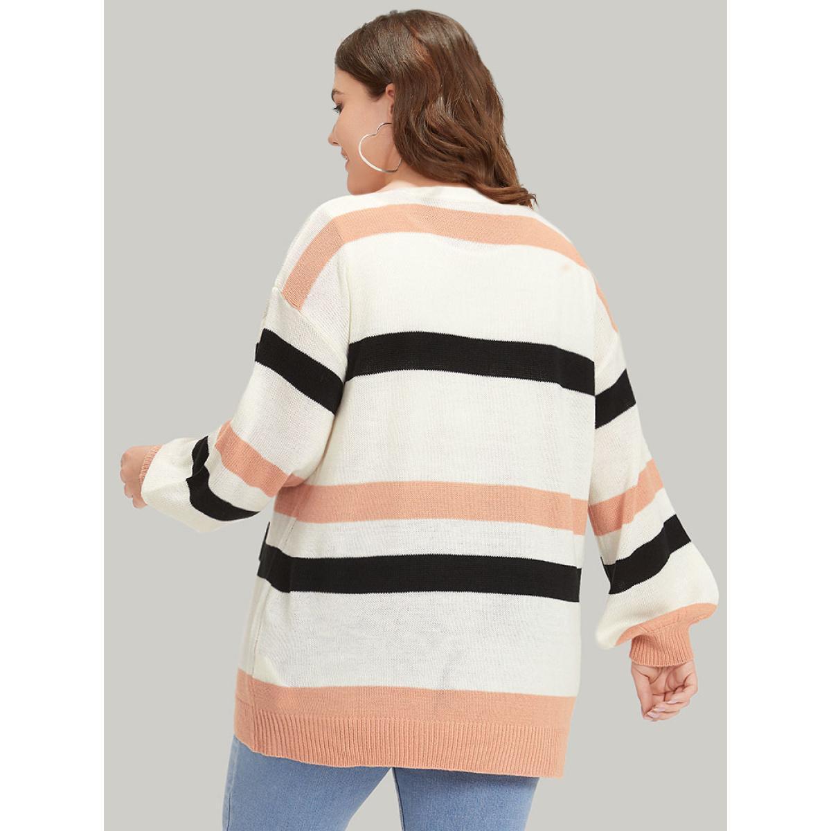 Plus Size Colorblock Contrast Elastic Cuffs Open Front Cardigan Multicolor Women Casual Loose Long Sleeve Dailywear Cardigans BloomChic 28/5X Product Image
