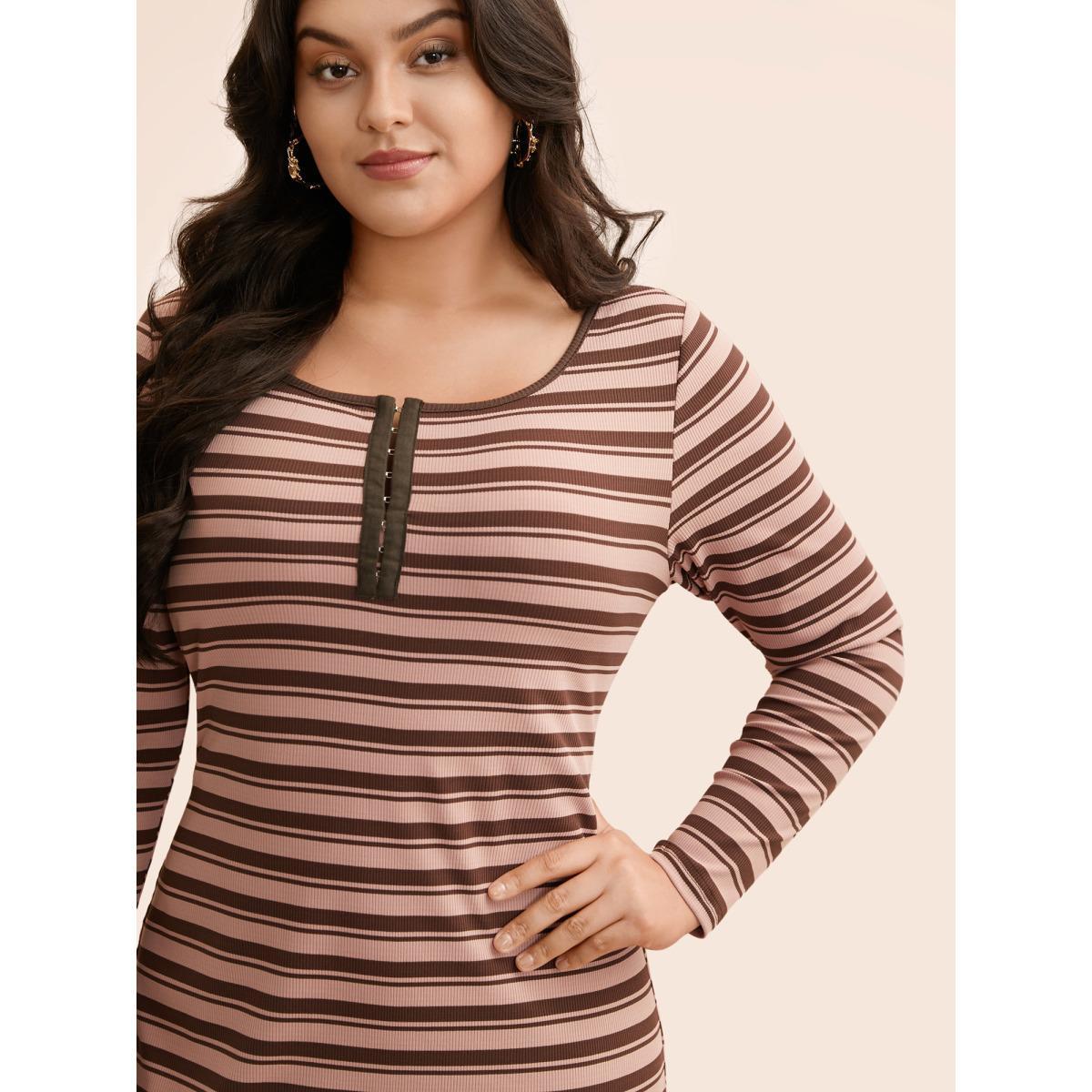 Plus Size U Neck Striped Pit Strip Dress DustyPink Women Casual Texture U-neck Long Sleeve Curvy BloomChic 28/5X Product Image