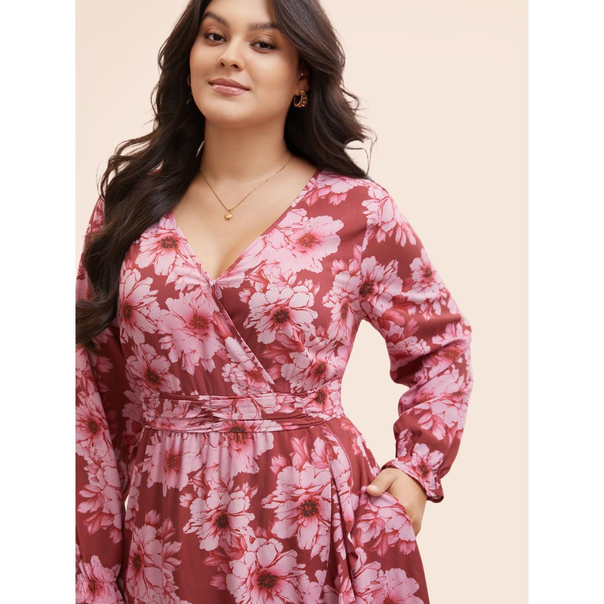 Plus Size Floral Overlap Collar Ruffle Trim Dress RedViolet Women Elegant Gathered Overlap Collar Long Sleeve Curvy BloomChic 14-16/1X Product Image