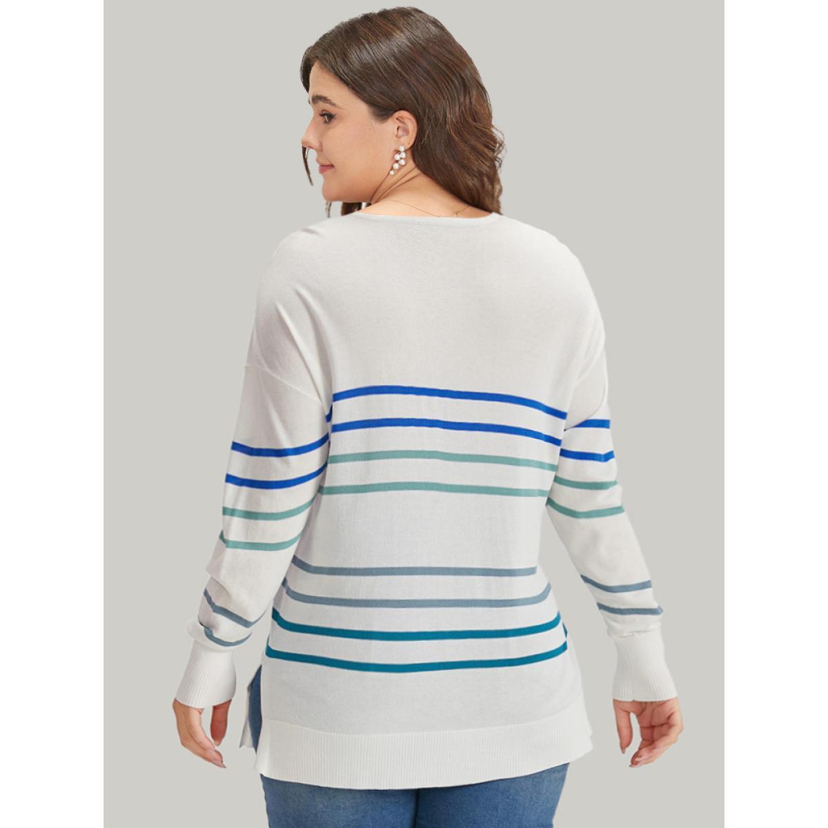 Plus Size Striped V Neck Split Hem Pullover White Women Casual Loose Long Sleeve V-neck Everyday Pullovers BloomChic 18-20/2X Product Image