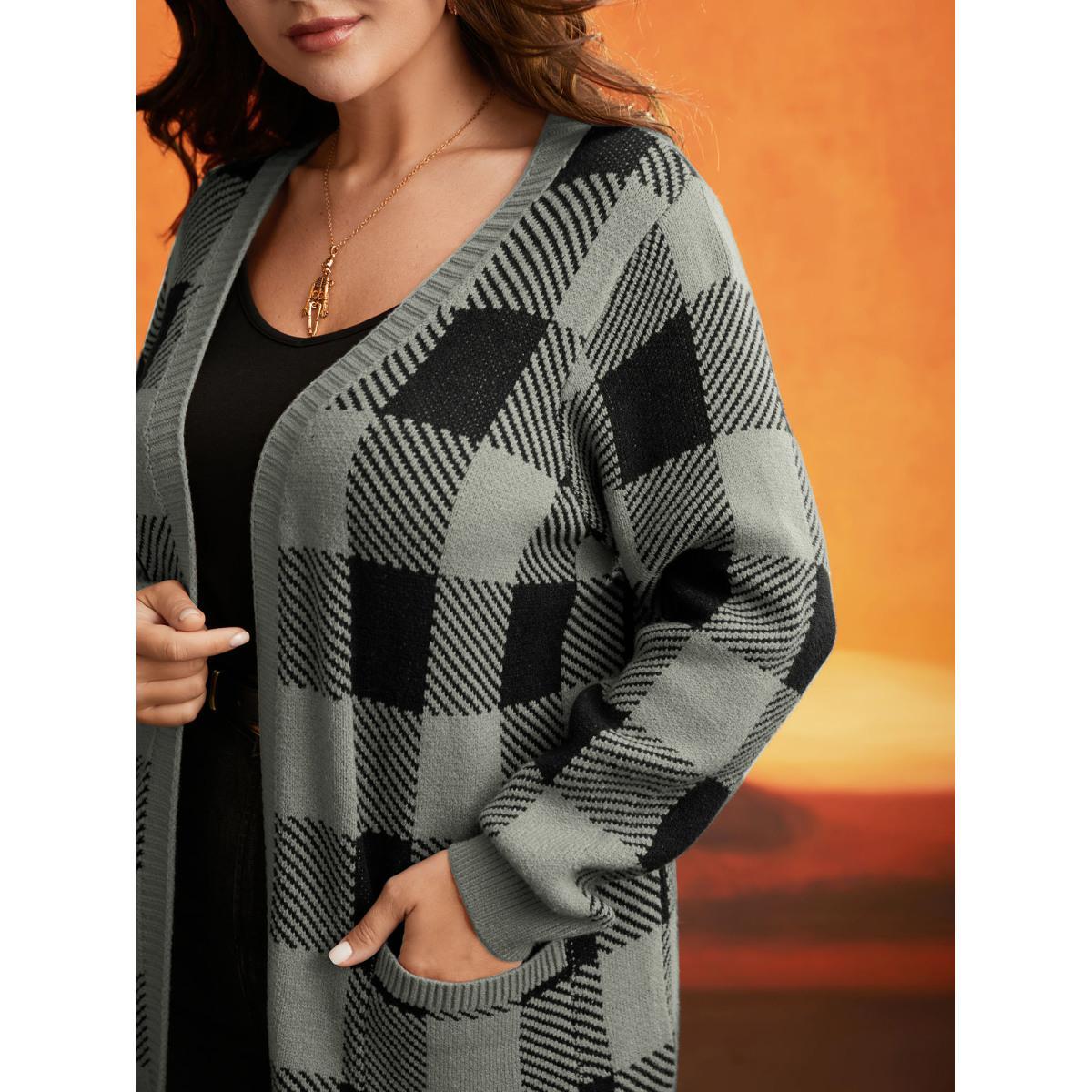 Plus Size Supersoft Essentials Plaid Open Cardigan DarkGray Women Casual Loose Long Sleeve Everyday Cardigans BloomChic 18-20/2X Product Image