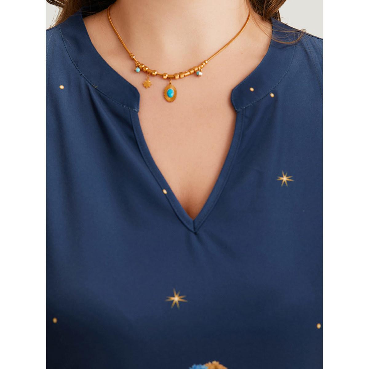 Plus Size Star & Bandana Print Notched Ruffle Dress DarkBlue Women Vacation Gathered Notched collar Half Sleeve Curvy Midi Dress BloomChic 14-16/1X Product Image