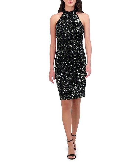 Vince Camuto Sequin Halter Neck Sleeveless Bodycon Dress Product Image