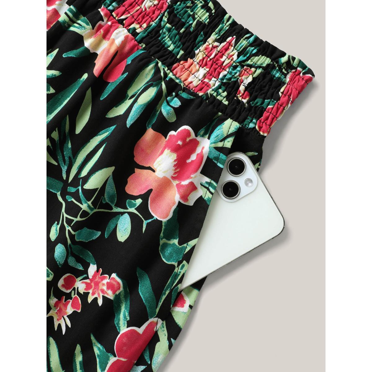 Plus Size Rayon Tropical Floral Print Shirred Wide-Leg Pants Women BlackFlower Resort Wide Leg Mid Rise Vacation Pants BloomChic 18-20/2X Product Image