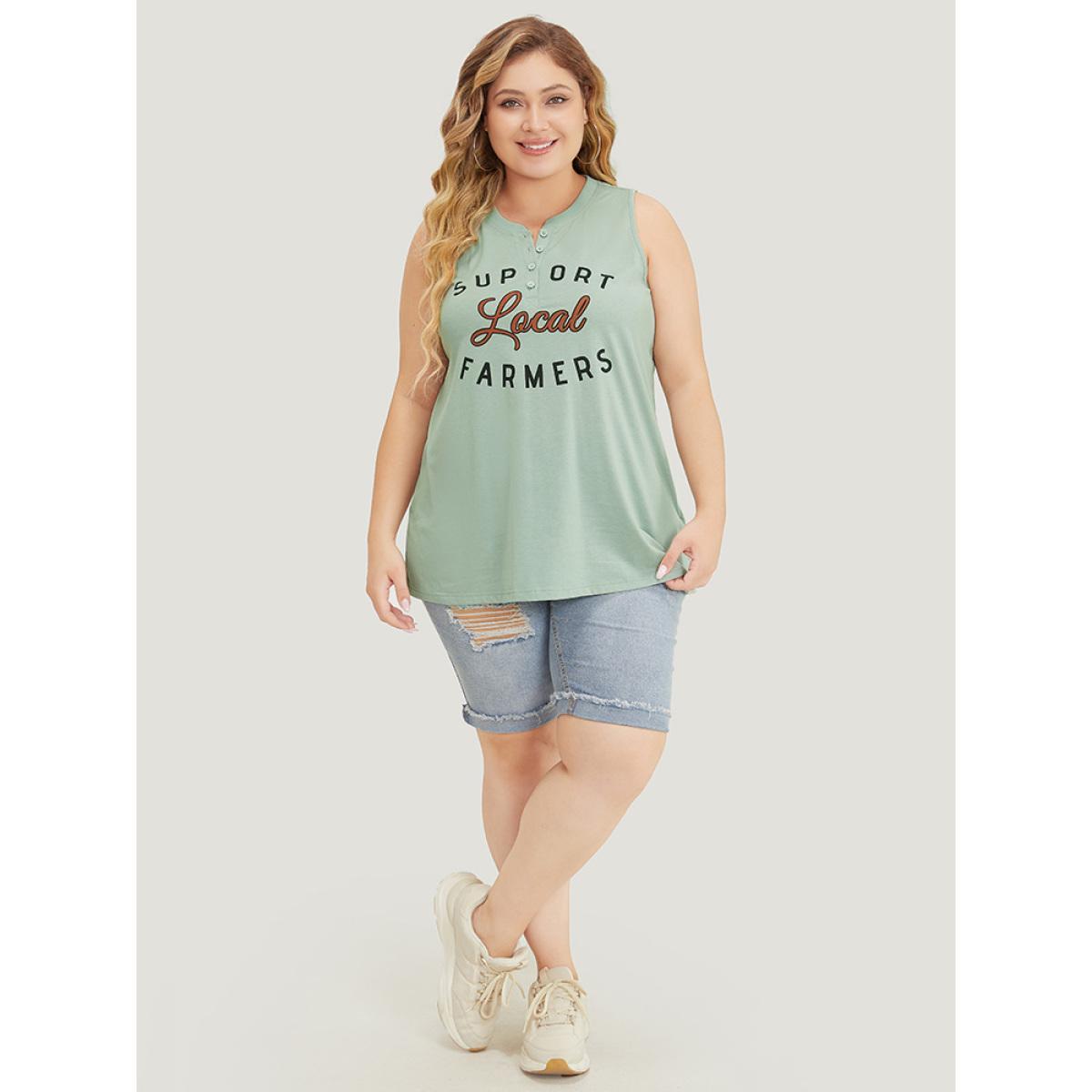 Plus Size Letter Print Button Up Graphic Sleeveless Tank Top Women Mint Casual Button Dailywear Tank Tops Camis BloomChic 22-24/3X Product Image