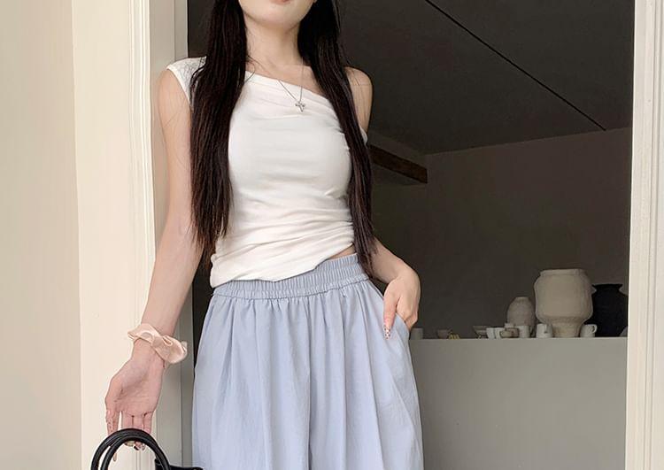 Elastic Waist Plain Wide Leg Pants Product Image