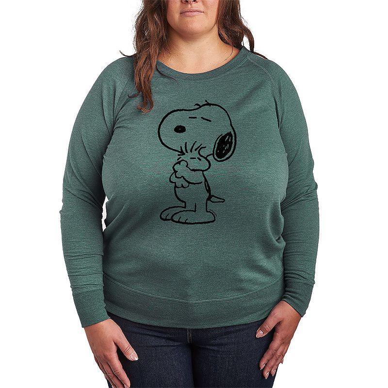 Plus Size Peanuts Snoopy Loves Woodstock French Terry Long Sleeve Tee, Womens Grey Green Product Image