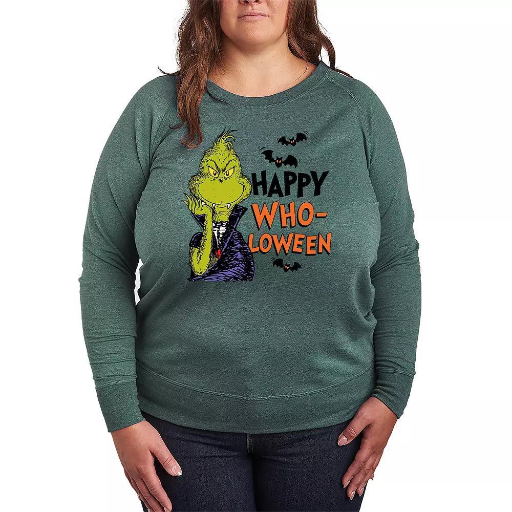 Plus Size Dr. Seuss Happy WhoLoween French Terry Long Sleeve Tee, Womens Grey Green Product Image