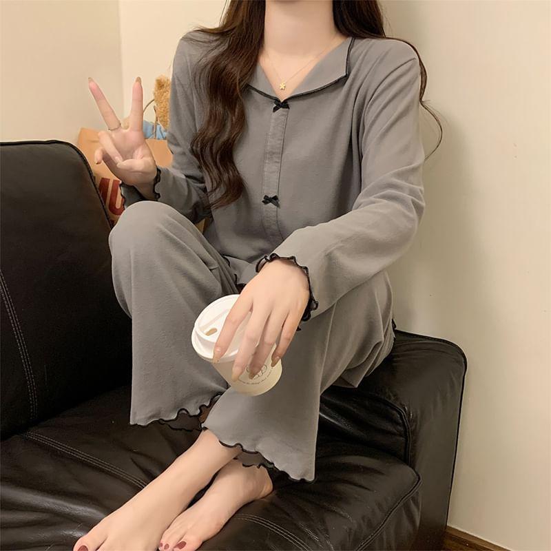 Pajama Set: Long-Sleeve Split Neck Bow Accent Contrast Trim Top + Pants Product Image