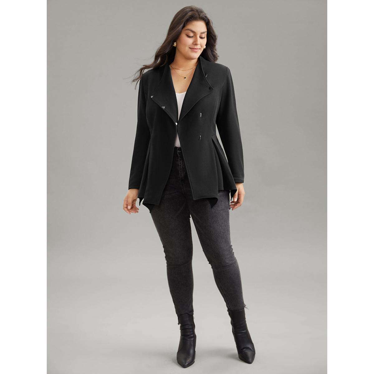 Plus Size Plain Asymmetrical Neck Button Up Blazer Black Women Work Plain Lined Sleeve Long Sleeve Asymmetrical Neck 22-24/3X Work From Home Blazers BloomChic Product Image