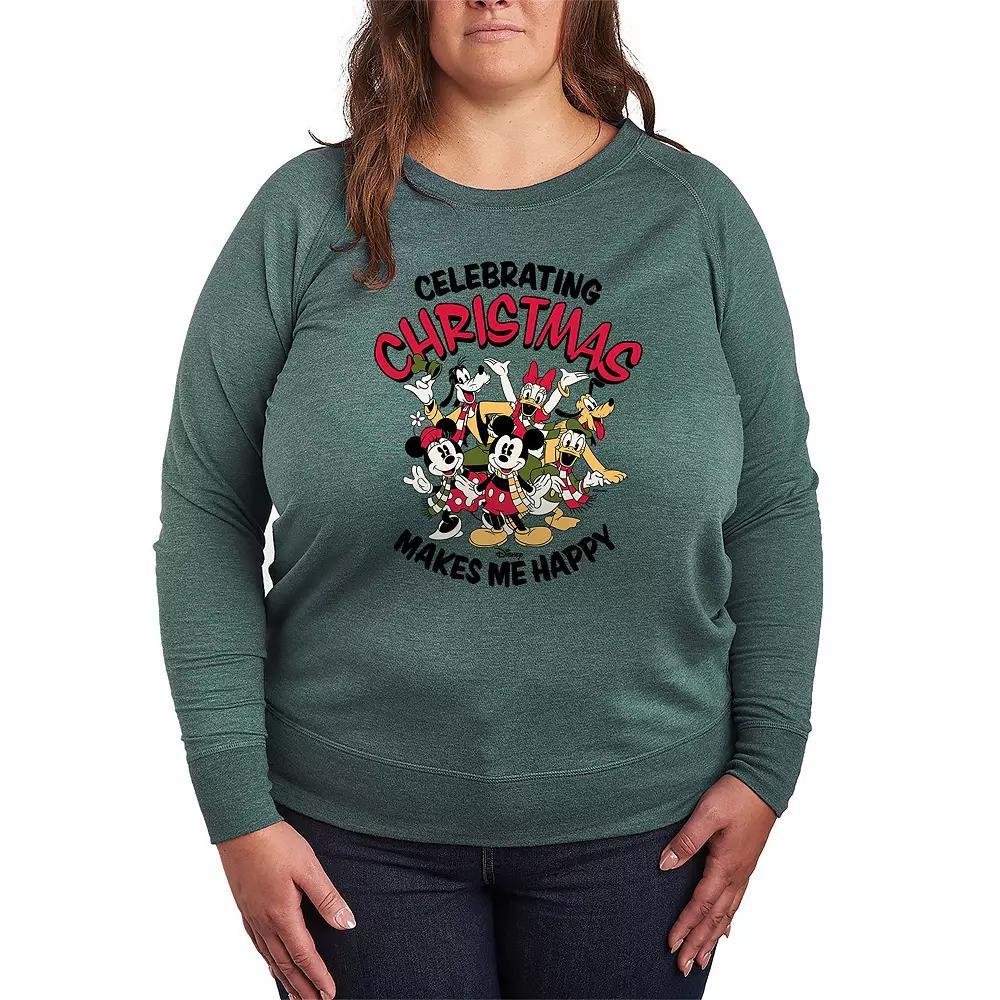Disneys Mickey Mouse & Friends Plus Size Celebrating Christmas French Terry Long Sleeve Tee, Womens Grey Green Product Image