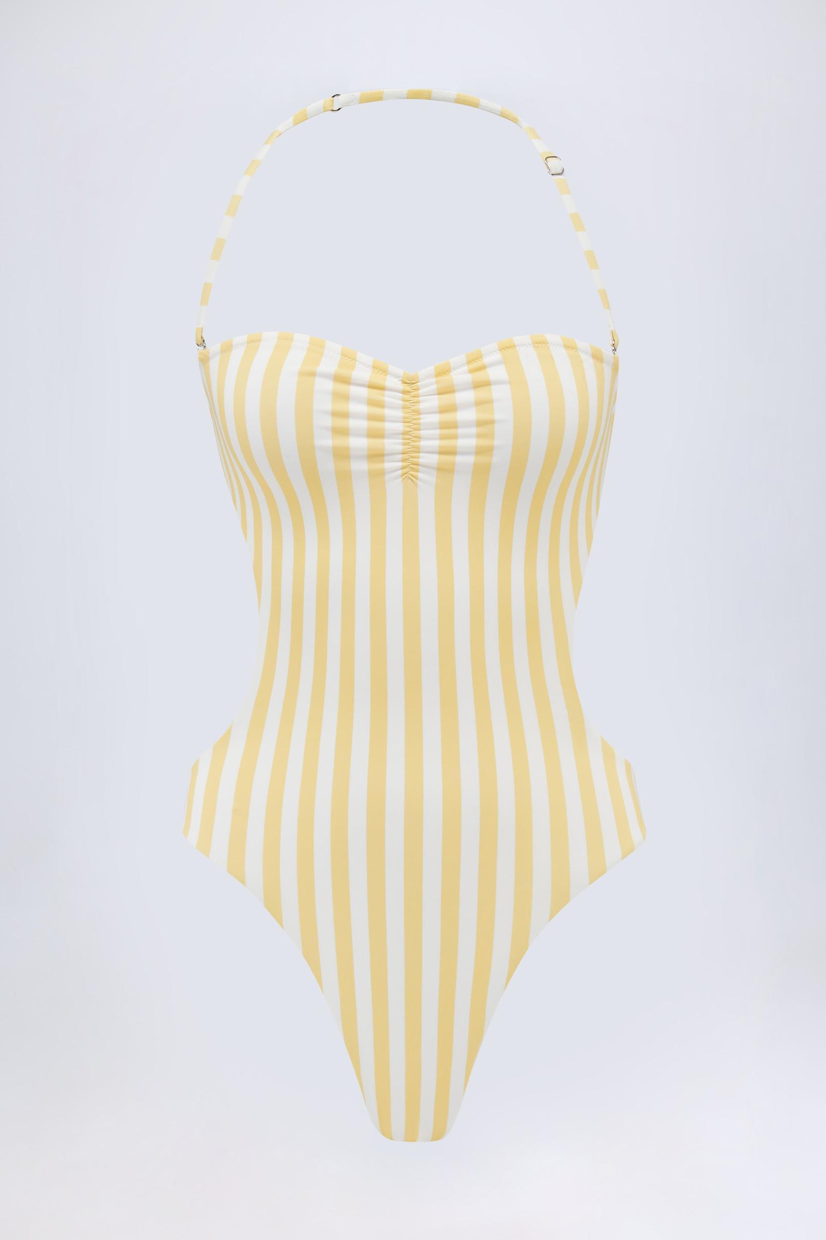 Cut-Out Halterneck Swimsuit in Lemon Yellow Stripe Product Image