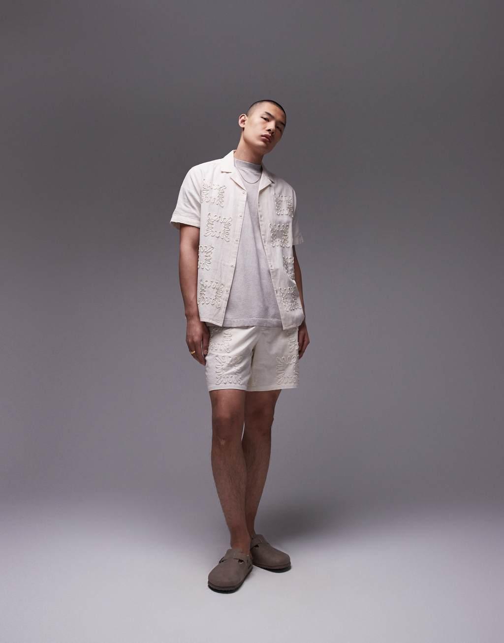 Topman short sleeve regular fit embroidered shirt set in off white Product Image