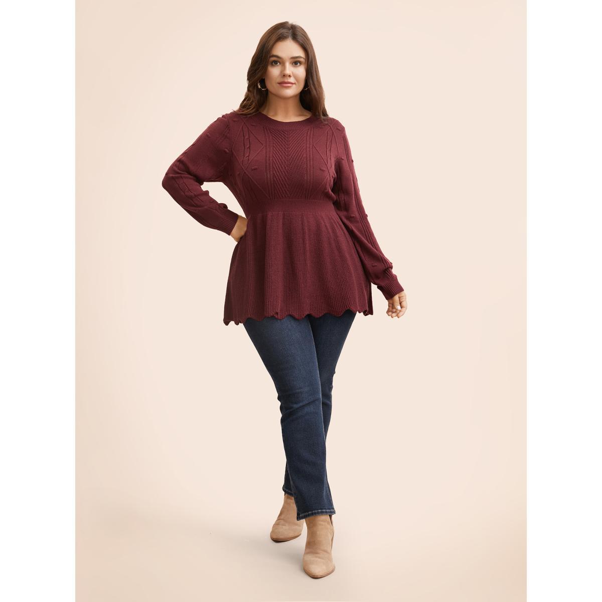 Plus Size Plain Textured Scalloped Trim Pullover Deepred Women Casual Bodycon Long Sleeve Round Neck Everyday Pullovers BloomChic 28/5X Product Image