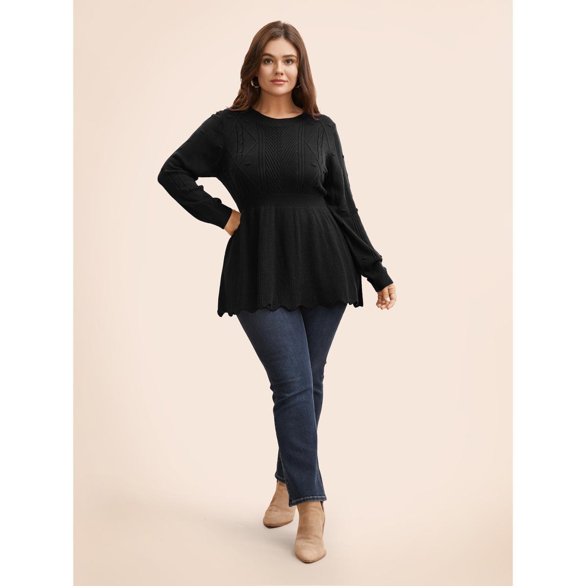 Plus Size Plain Textured Scalloped Trim Pullover Black Women Casual Bodycon Long Sleeve Round Neck Everyday Pullovers BloomChic 10/M Product Image