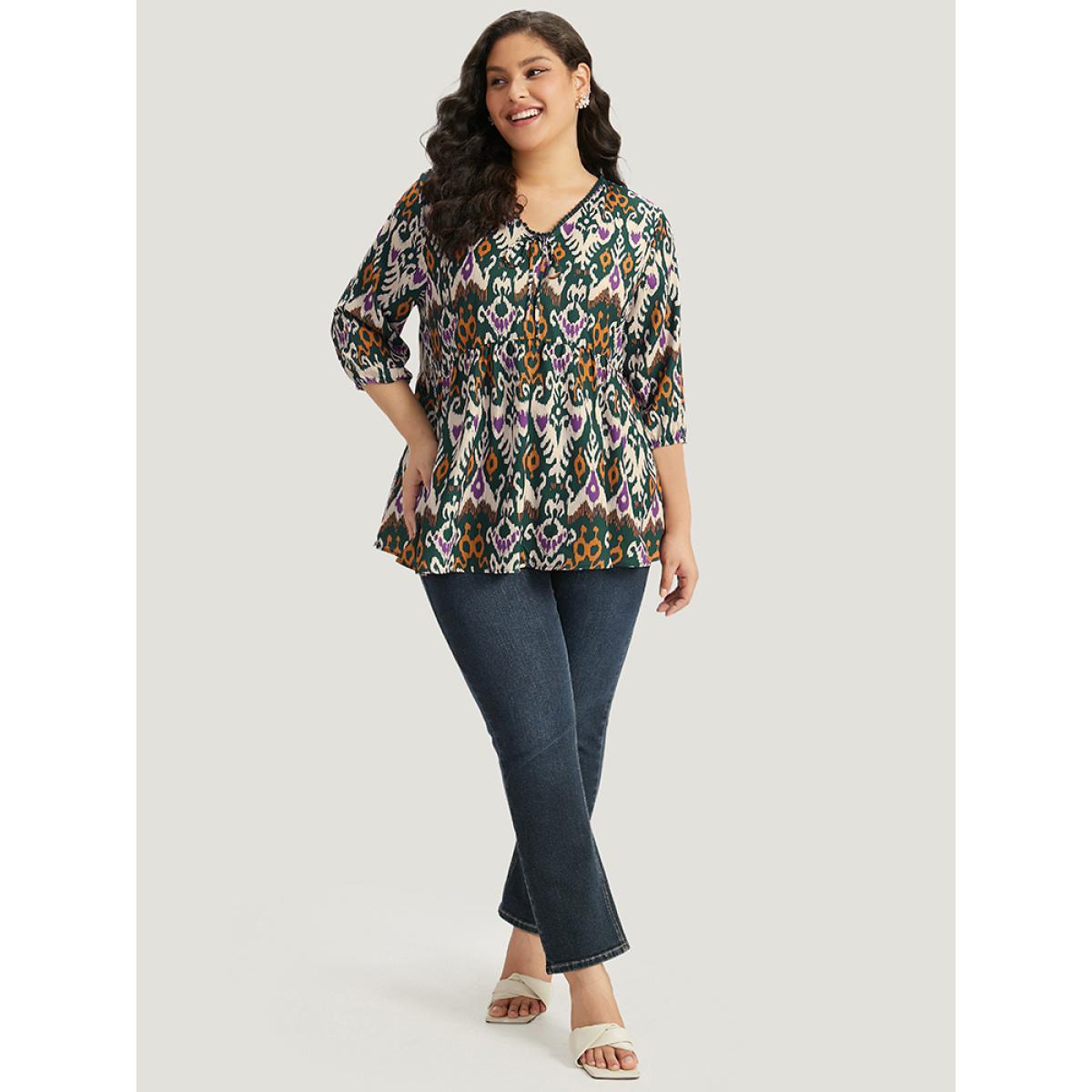 Plus Size Green Bandana Print Ties Pompom Trim Blouse Women Vacation Elbow-length sleeve V-neck Dailywear Blouses BloomChic 18-20/2X Product Image