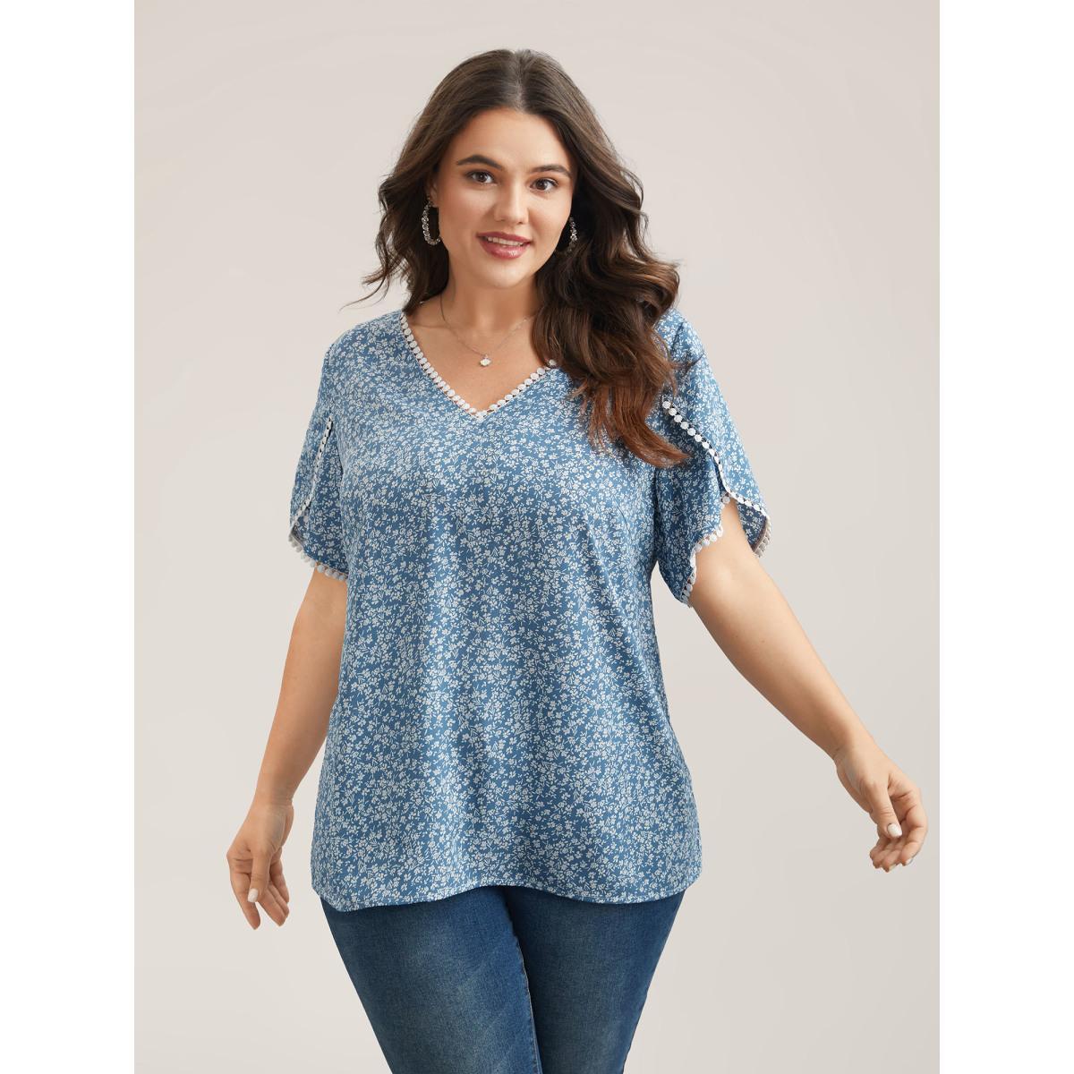 Plus Size Stone Petal Sleeve Floral Lace Spliced Shirt Women Elegant Short sleeve V-neck Everyday Blouses BloomChic 12/L Product Image