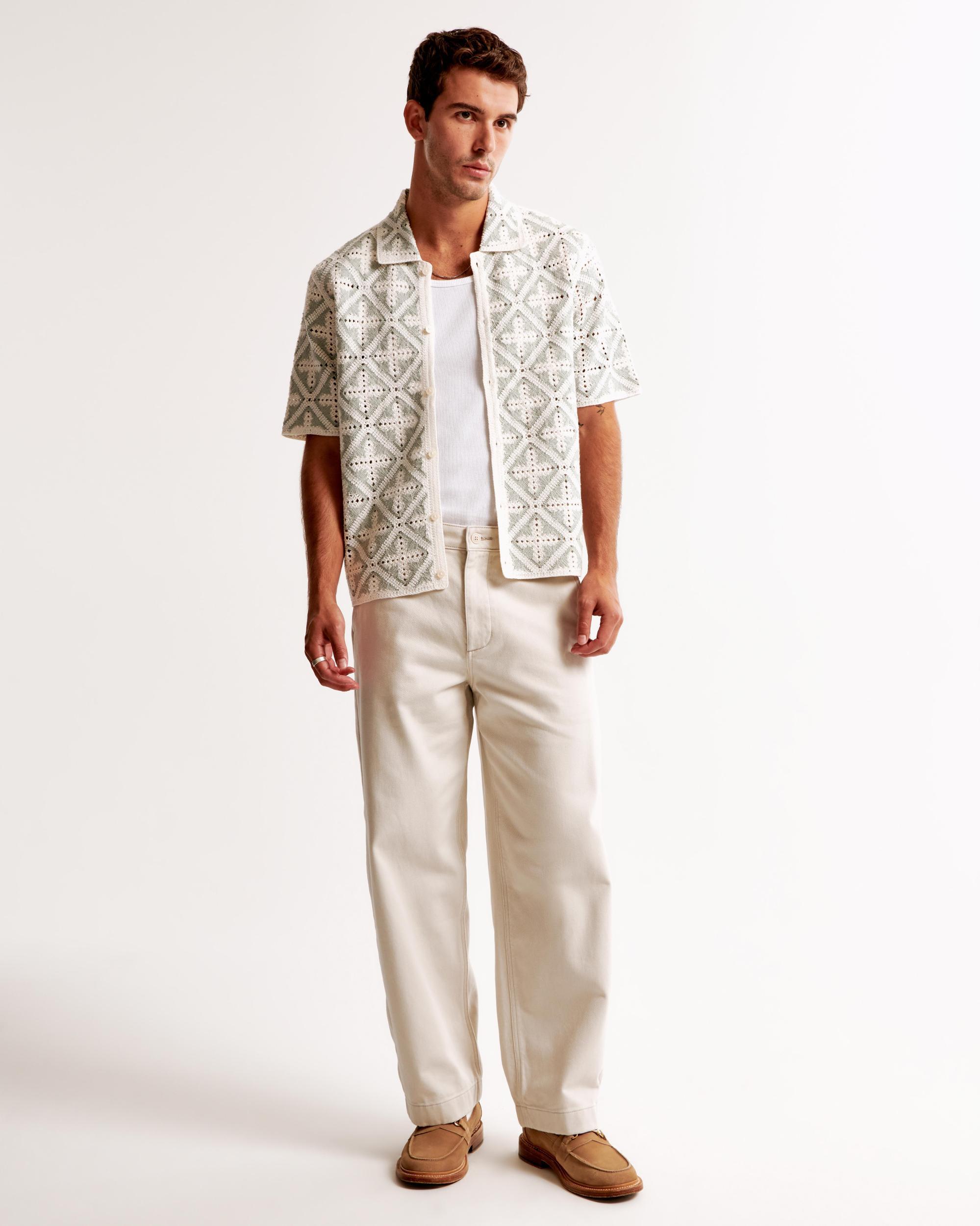 Crochet-Style Geometric Pattern Button-Through Sweater Polo Product Image