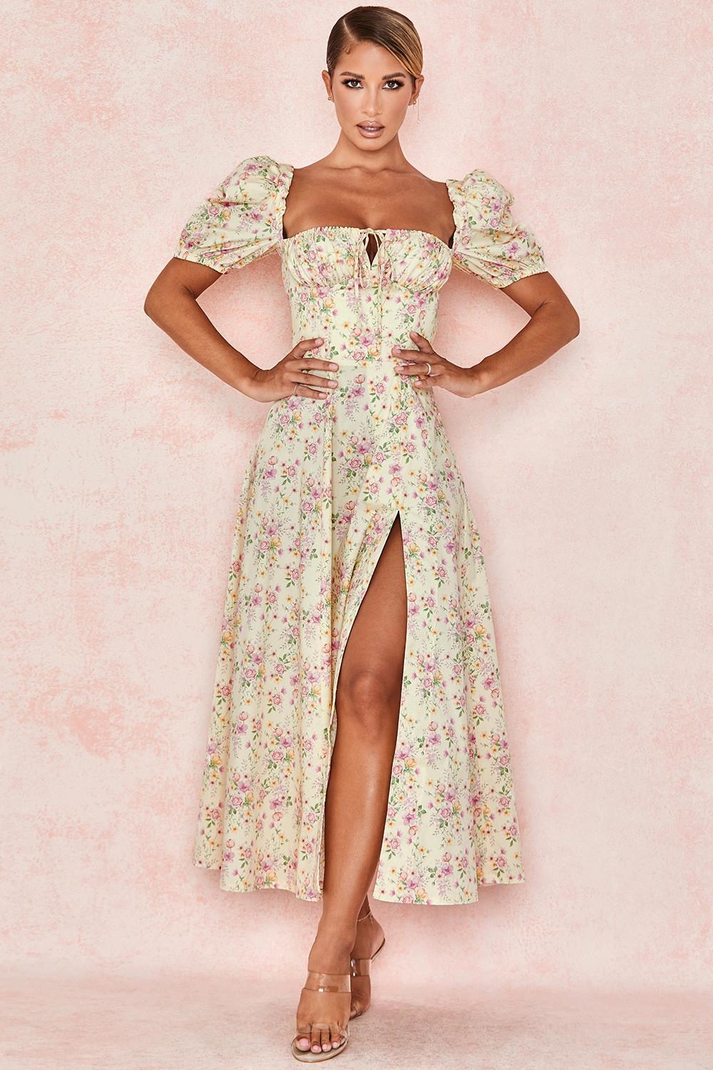 Tallulah Lemon Floral Puff Sleeve Midi Sundress Product Image