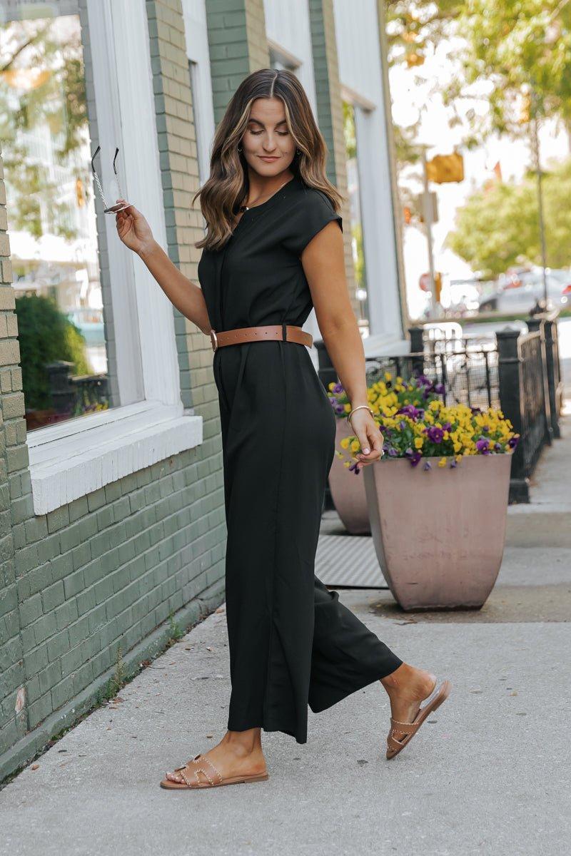 Black Short Sleeve Belted Jumpsuit Product Image