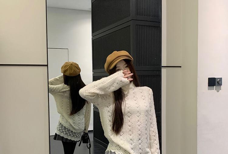 Long Sleeve Mock Neck Plain Panel Lace Top Product Image