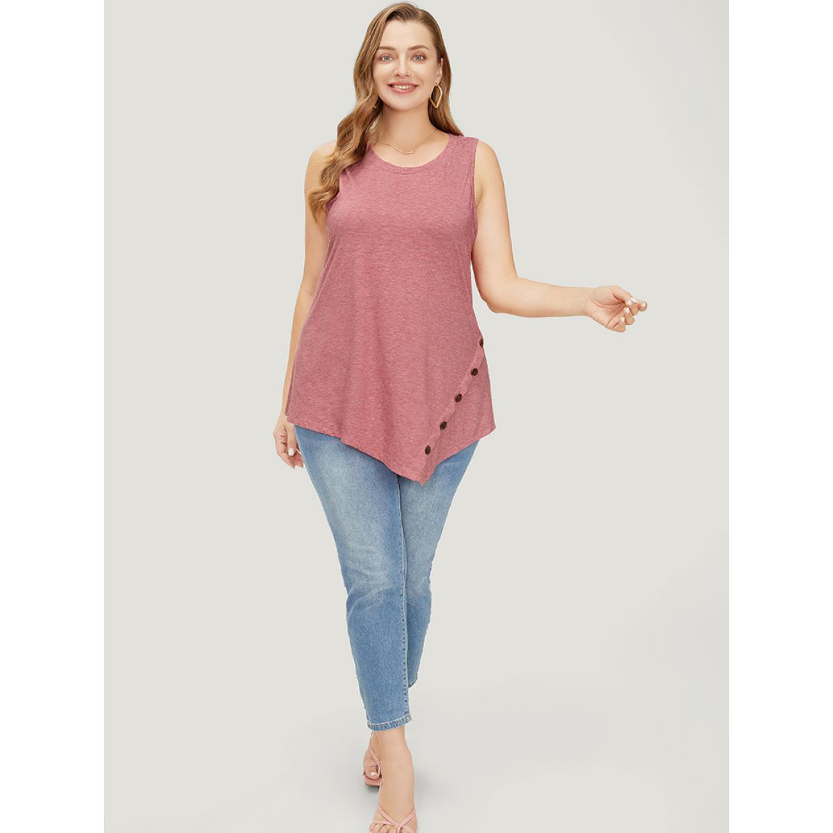 Plus Size Plain Asymmetrical Hem Button Detail Tank Top Women Russet Casual Button Round Neck Dailywear Tank Tops Camis BloomChic 12/L Product Image