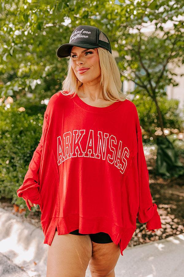 Arkansas Embroidered Long Sleeve Tee in Red Curves Product Image