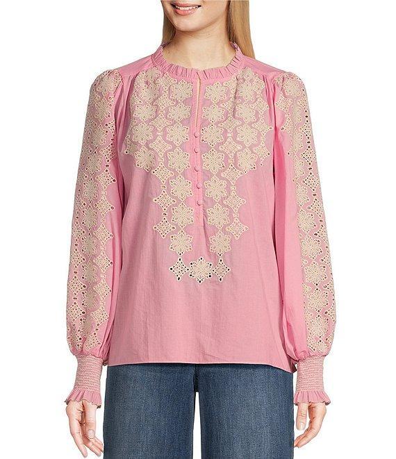 Gibson & Latimer Woven Embroidered Floral Ruffled Slit Round Button Front Neck Long Blouson Sleeve Hi-Low Shirttail Blouse Product Image
