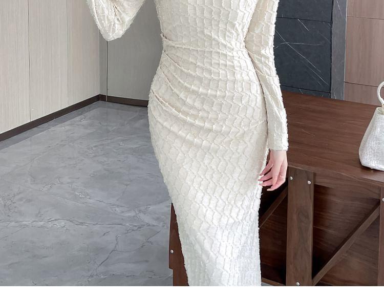Long Sleeve Round Neck Plain Bodycon Midi Dress Product Image