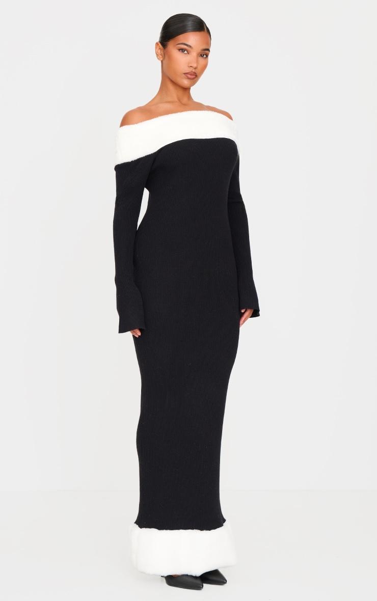 Black Rib Knit Contrast Fur Trim Bardot Maxi Dress Product Image
