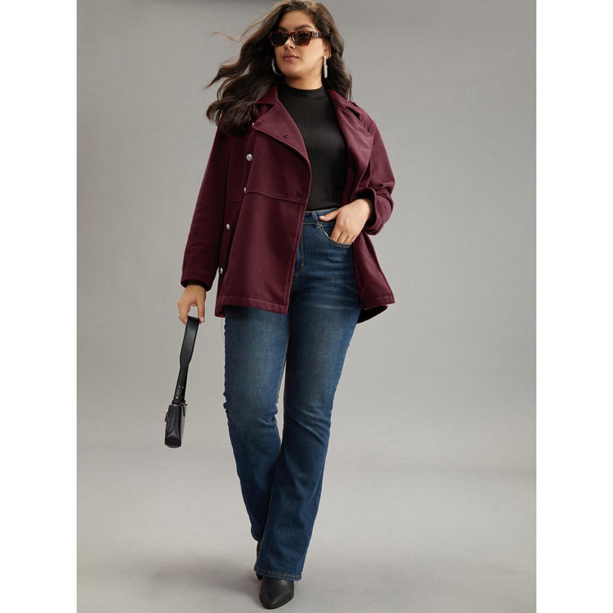 Plus Size Solid Button Detail Pocket Lapel Collar Coat Women Scarlet Casual Plain Ladies Dailywear Winter Coats BloomChic 30/6X Product Image