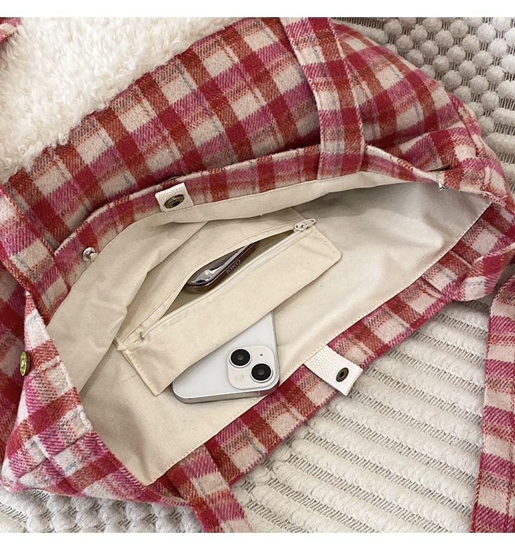 Plaid Fleece Panel Tote Bag Product Image