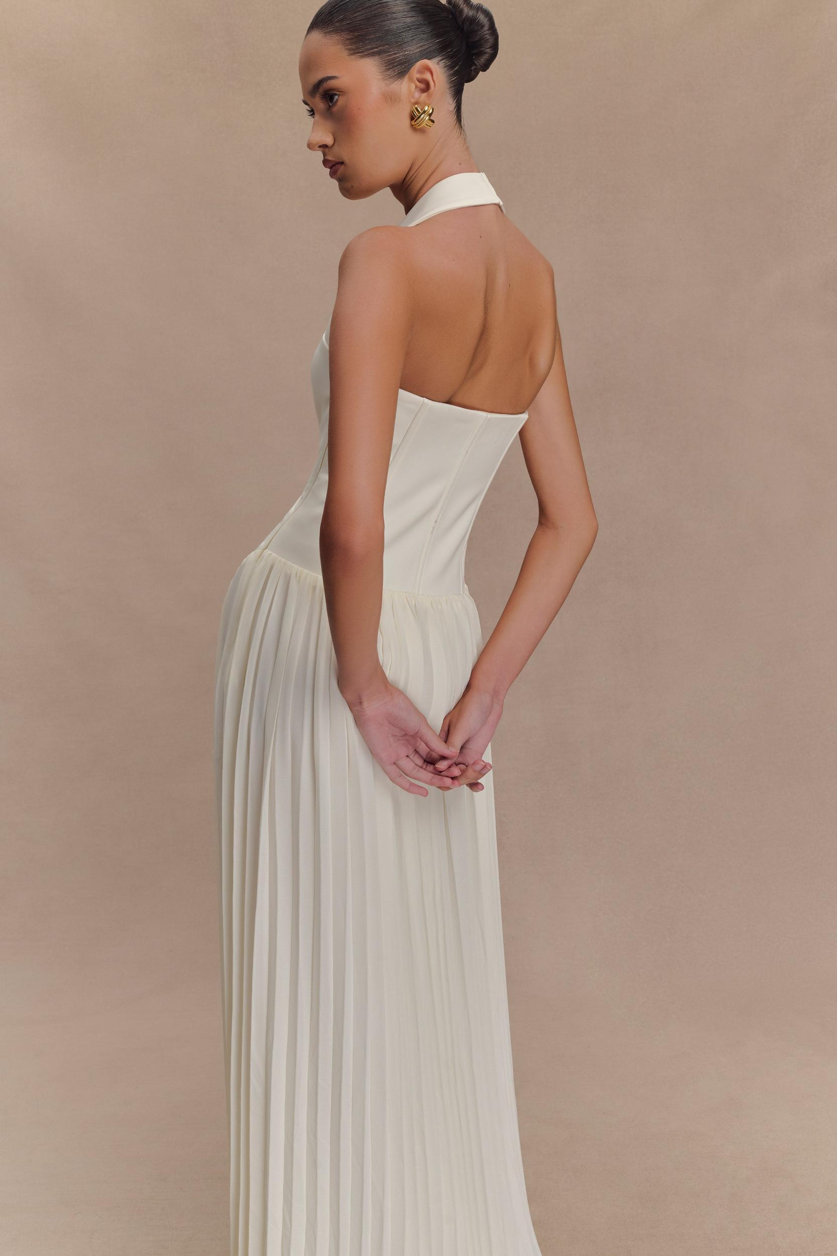 Stacie Pleated Halter Maxi Dress - Ivory Product Image