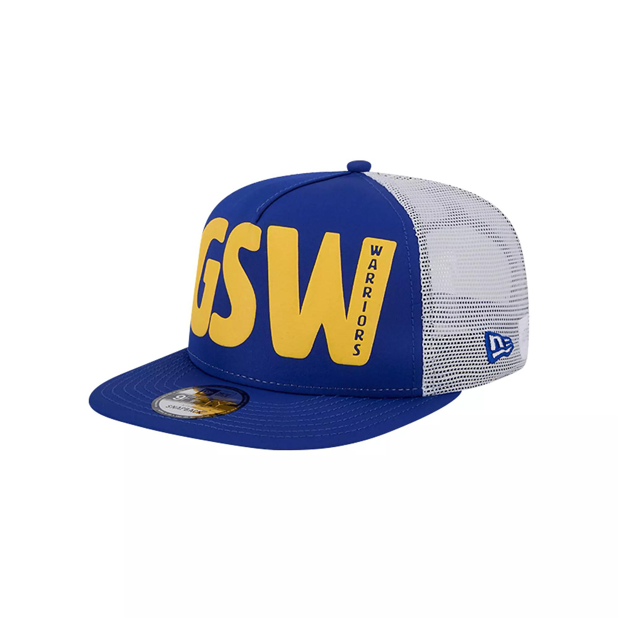 Mens New Era Royal Golden State Warriors Puff Print Team Code A-Frame 9FIFTY Trucker Snapback Hat Product Image