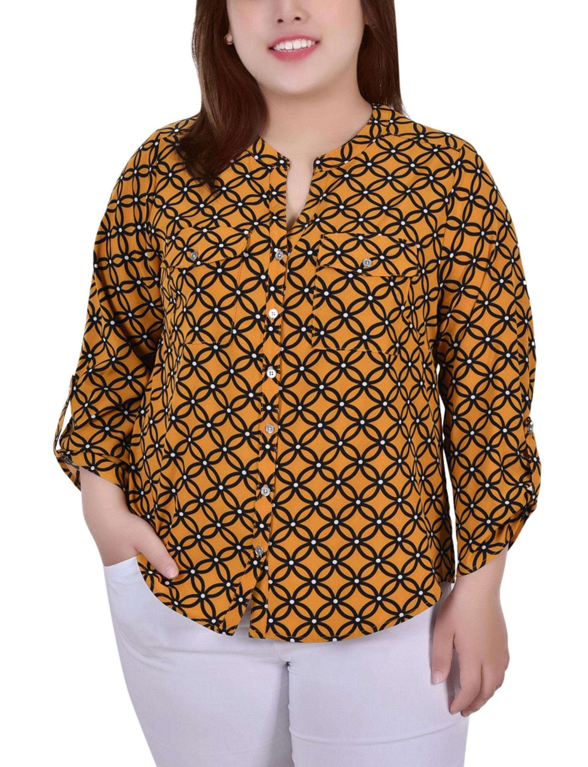 Yellow 3/4 Roll Tab Sleeve Mandarin Collar Blouse - Plus Size Product Image